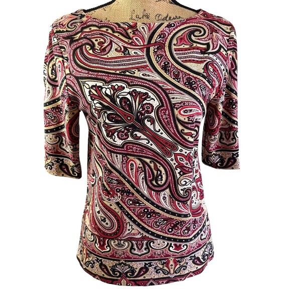 ETRO Milan Red Multicolor Paisley Boat Neck 3/4 Sleeve Top Blouse Sz 8/44 Italy - Picture 1 of 12